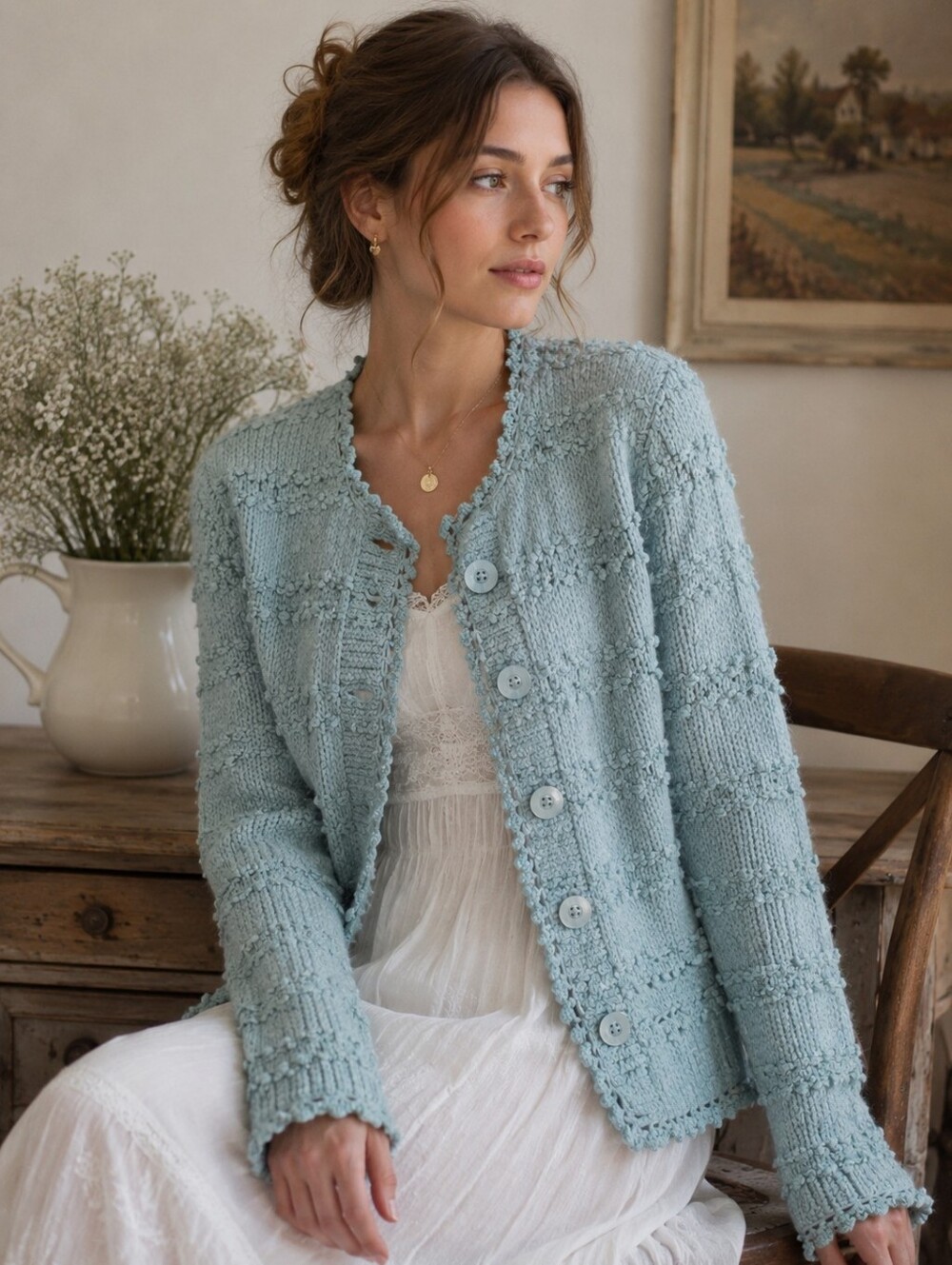 Cottagecore Grunge Blue Distressed Yarn Crochet Trim Texture Button Cardigan